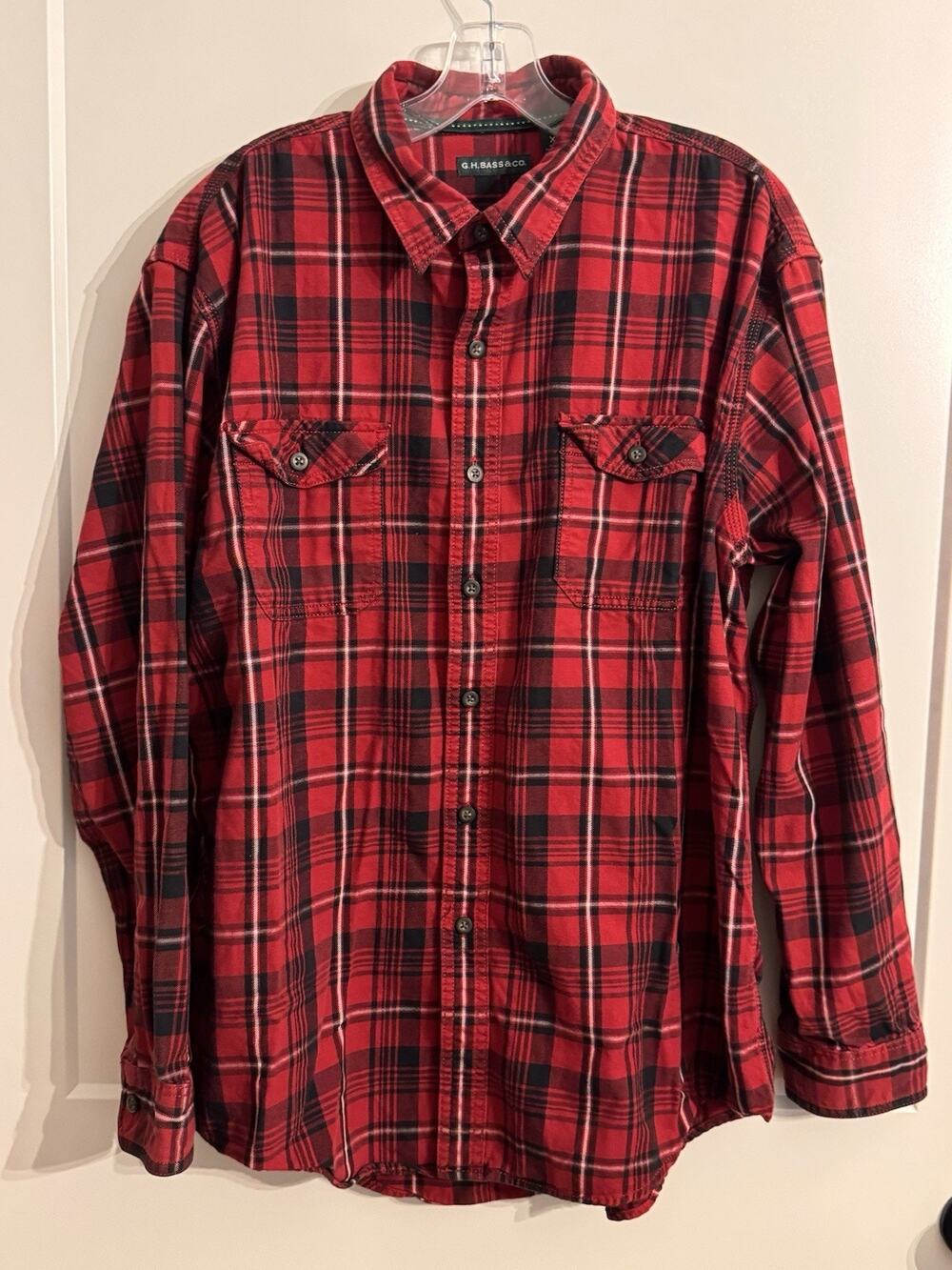 GH Bass Red Plaid LS Button Up Shirt Heavy Flannel Cotton Sz XL Gorpcore Work